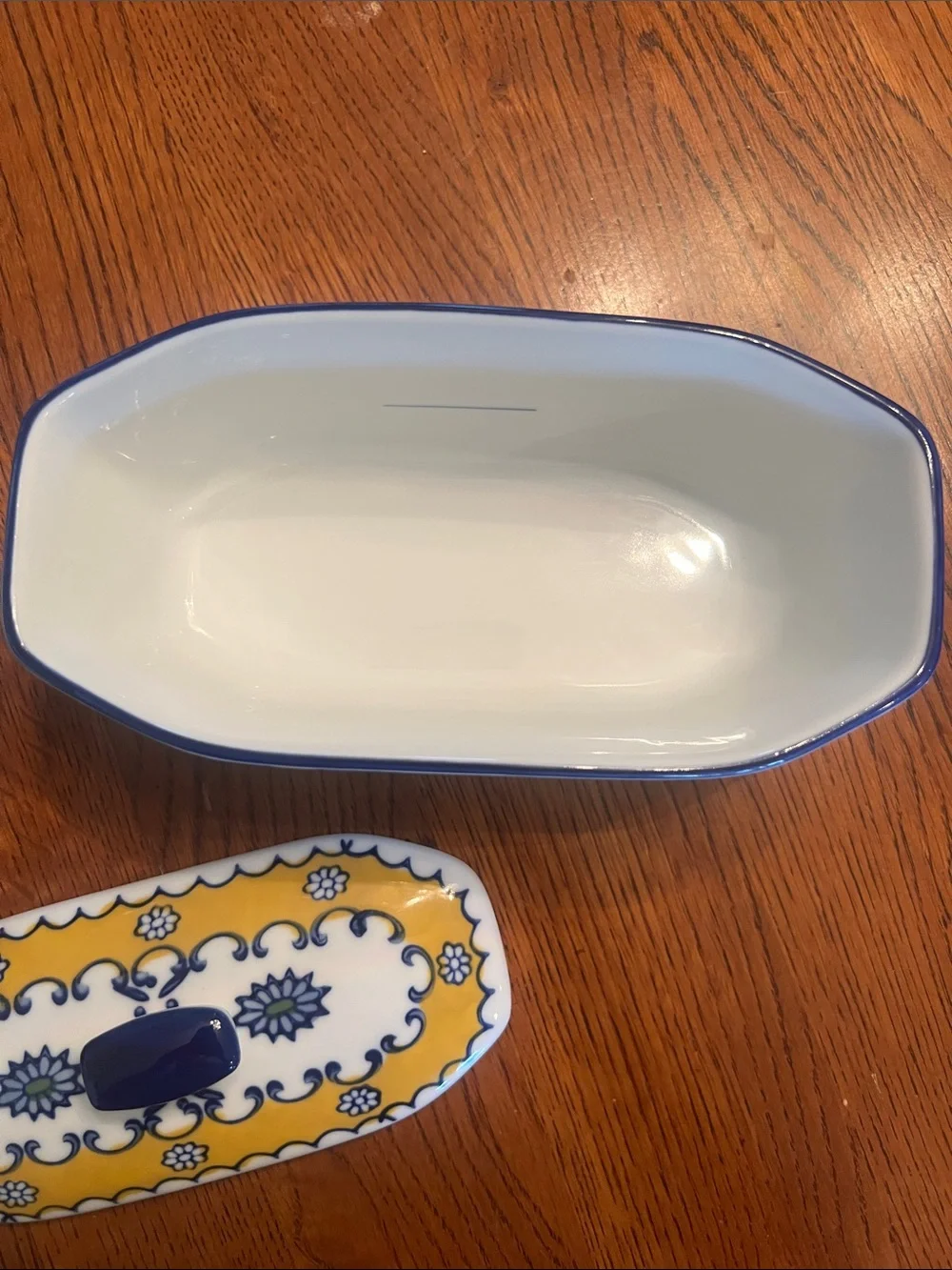 Vintage Cook Street Ceramic Covered Butter Dish 3 Pieces Yellow Blue Floral VG